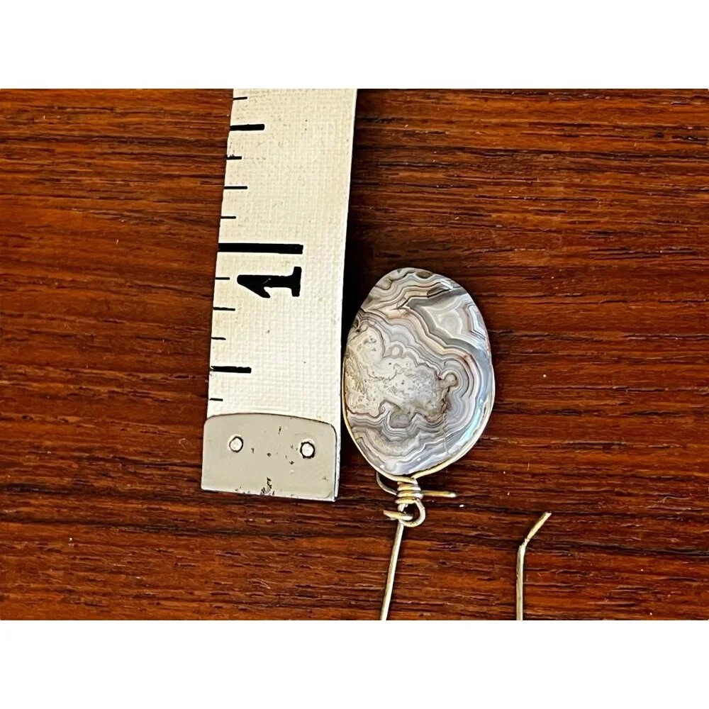 Wire-Wrapped Lace Agate Dangle Earrings For Pierced Ears - Picture 4 of 7